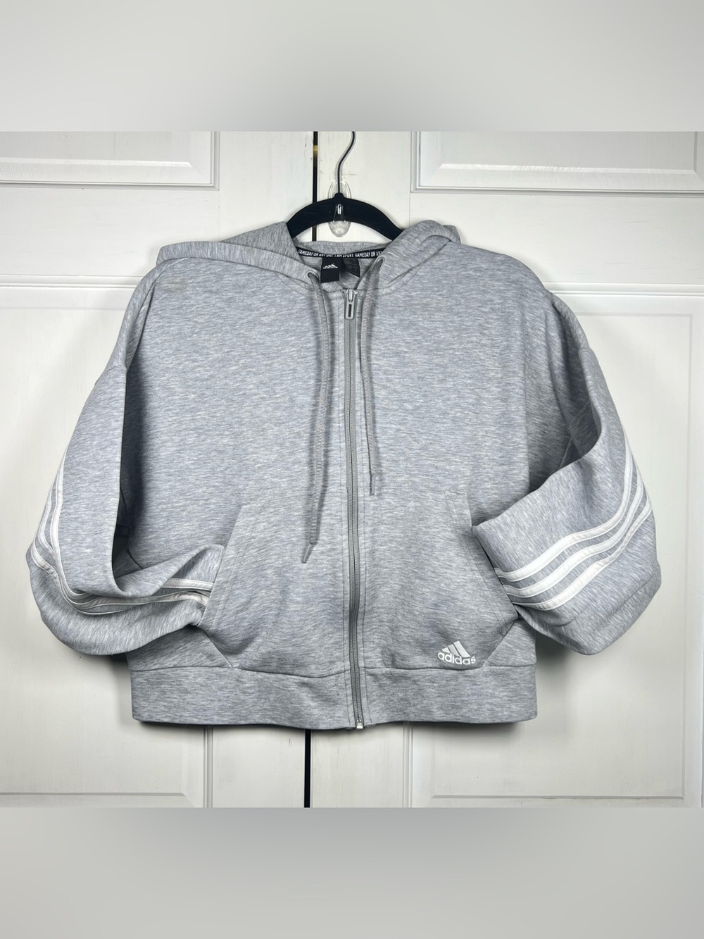 Adidas Cropped White Striped Full Zip Gray Hoodie Sz Small